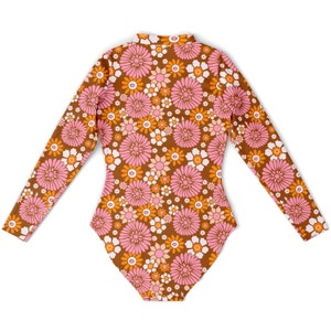Retro 70s Floral One Piece Swimsuit Women Long Sleeve Rash Guard - Layflat Back - Shop Lucky Suzy on Etsy