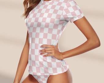Short Sleeve Swimsuit Checkered Swimsuit Rashguard Women Bathing Suit Pink 60s Inspired Surf Suit Swimming Two Piece Short Sleeve Teen Swim
