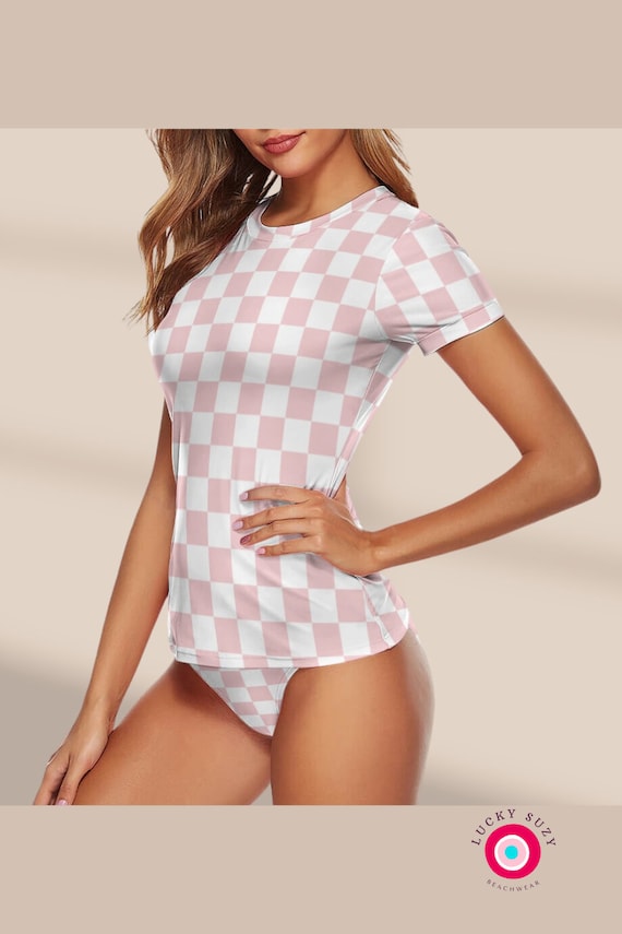 Short Sleeve Swimsuit Checkered Swimsuit Rashguard Women Bathing