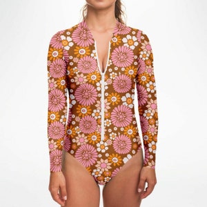 Retro 70s Floral One Piece Swimsuit Women Long Sleeve Rash Guard - Model Front - Shop Lucky Suzy on Etsy