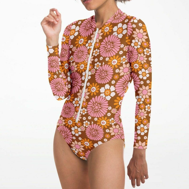 Retro 70s Floral One Piece Swimsuit Women Long Sleeve Rash Guard - Model Side - Shop Lucky Suzy on Etsy
