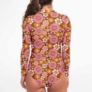 Retro 70s Floral One Piece Swimsuit Women Long Sleeve Rash Guard - Model Back - Shop Lucky Suzy on Etsy