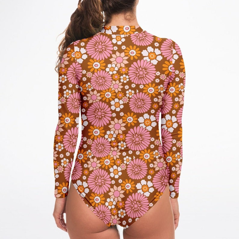 Retro 70s Floral One Piece Swimsuit Women Long Sleeve Rash Guard - Model Back - Shop Lucky Suzy on Etsy