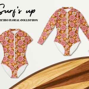 May include: Two retro-style swimsuits with a floral print in shades of pink, orange, and brown. The swimsuits have long and short sleeves and a zipper down the front. The text "Surf's Up 70s Retro Floral Collection" is at the top of the image.