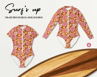 Retro Floral Rash Guard Swimsuit Women Long Sleeves Bathing Suit Boho Retro Flower Surfing Rashguard Woman Boho Swimsuit One Piece Surf Suit