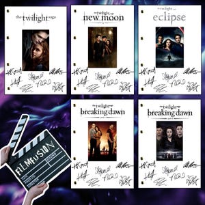 May include: A set of five white script pages from the Twilight Saga movie series. The pages are signed by the cast and crew. The pages are titled "Twilight", "New Moon", "Eclipse", "Breaking Dawn Part 1", and "Breaking Dawn Part 2".