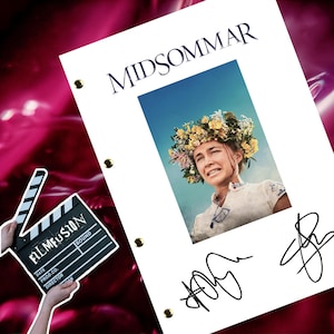 May include: A white script with the title "MIDSUMMER" in black text. A photo of a woman wearing a flower crown and a white dress with a distressed look on her face. The script is signed with two signatures.