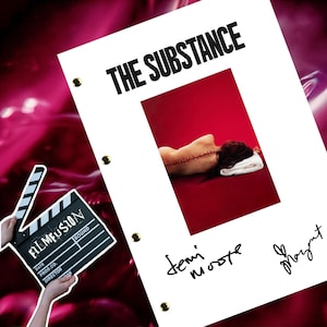 May include: A white sheet of paper with the title "THE SUBSTANCE" printed in black. A photo of a woman lying on a red surface is framed on the sheet. The woman has a long, dark brown hair and is wearing a white towel. The sheet also has two signatures, "Jeni Moore" and "Margot".