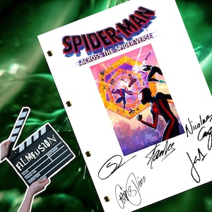 May include: A white sheet of paper with the title "Spider-Man: Across the Spider-Verse" printed in black and red. The sheet has a colorful image of Spider-Man characters and a clapperboard. The sheet is signed by the film's directors, including "Stan Lee" and "Nicolas Cage".