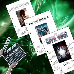 May include: Three signed movie scripts for Captain America: The First Avenger, Captain America: The Winter Soldier, and Captain America: Civil War. The scripts are white with black text and feature the movie posters on the front.