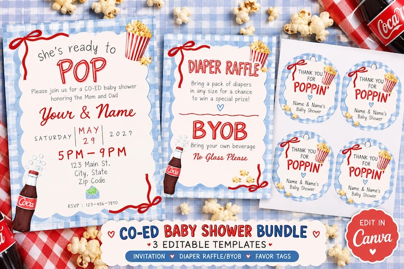 Gift Raffle Border She's Ready to Pop Co-ed Baby Shower Bundle, Popcorn Theme (editable ...
