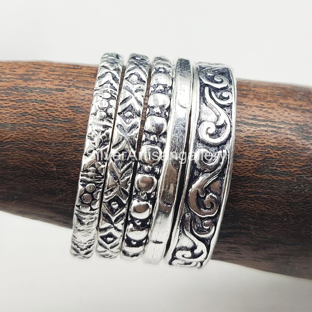Set of 5 Sterling Silvers Ring,assorted Pattern Rings,dotted Rings ...