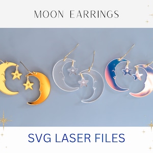 Månen och stjärnörhänge SVG, häxig måneörhänge klipp SVG, Glowforge-fil, laserfil, himmelskt örhänge SVG, läderklipp, Cricuit
