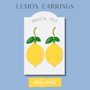 May include: A digital file for a pair of lemon earrings. The earrings are yellow with green leaves and a gold hook. The file is available in SVG and PNG formats. DIGITAL FILE SVG | PNG