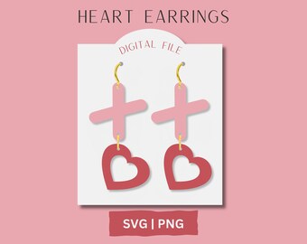 Puede incluir: Un par de pendientes en forma de corazón con un dije de cruz rosa que cuelga de cada uno. Los pendientes están sobre un fondo blanco con el texto "DIGITAL FILE" y "SVG | PNG".