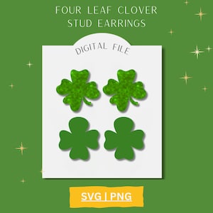Puede incluir: Archivo digital de pendientes de botón de trébol de cuatro hojas. Se incluyen archivos SVG y PNG. Diseños de trébol verde brillante y verde sólido.
