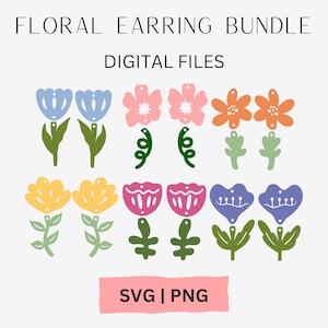 Può includere: Pacchetto digitale di orecchini floreali con vari disegni floreali in blu, rosa, arancione, giallo e viola. L'immagine include il testo "FLORAL EARRING BUNDLE DIGITAL FILES" e "SVG | PNG".