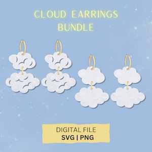 May include: A set of four digital files for cloud earrings. The earrings are made of two white clouds with a gold hoop. The digital files are available in SVG and PNG formats.  CLOUD EARRINGS BUNDLE DIGITAL FILE SVG | PNG