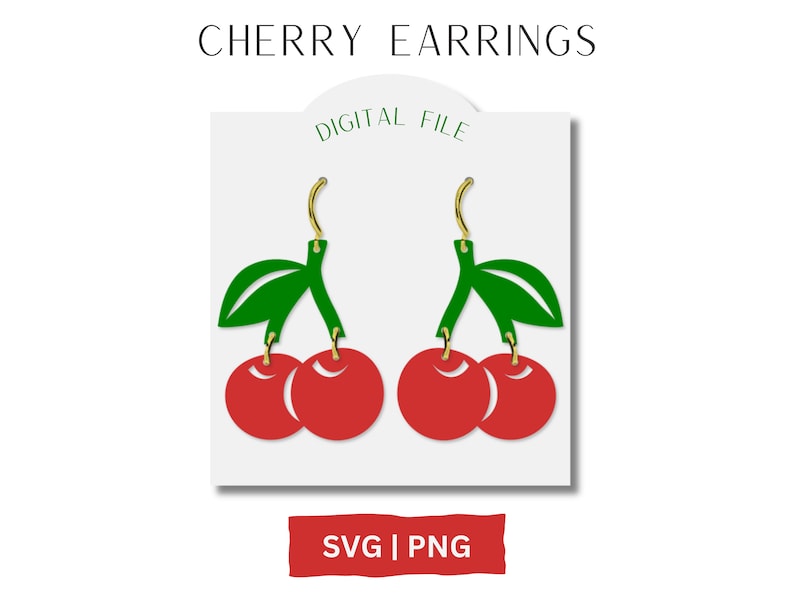 Op de afbeelding: Digitaal bestand voor een paar kersenoorringen. De oorbellen zijn rood en groen en hebben een gouden haak. Het bestand is beschikbaar in SVG- en PNG-formaten. DIGITAL FILE SVG | PNG