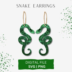 May include: A pair of green snake earrings with a marbled pattern. The earrings are made of a gold-colored metal and have a hoop design. The earrings are on a white background with green confetti.