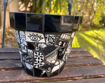 Mosaic unique pot, in shades of black and white, with a fragment of an eye painted on it, for good luck