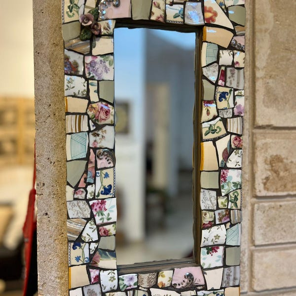 Pastel Mosaic Mirror: Vintage Floral Tile Design