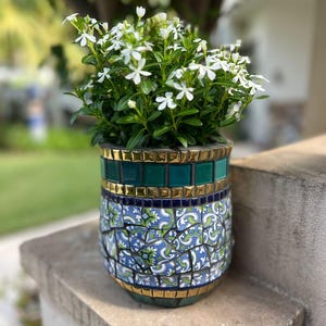 Blue Turquoise & Gold Mosaic Pot. Elegant Home Decor. . Handcrafted Home and Garden Decoration Gift