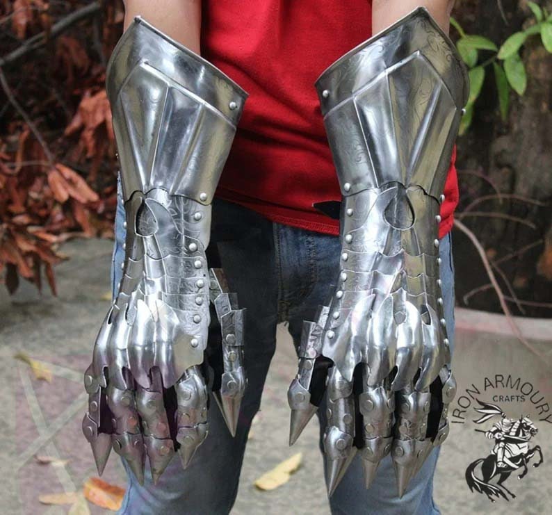 Gauntlets Brass Plated Yellow Gold Finish, Medieval Knight Costume, Decorative Accent Halloween Steel Hand Wearable Cosplay Gauntlets