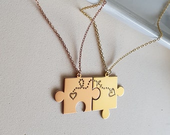 Puzzle Halskette, 2 Stück Paar Name Passende Anhänger, Geschenk für die Beste Freundin, Herren Valentinstag Geschenk Silber 18KGold Rosegold,