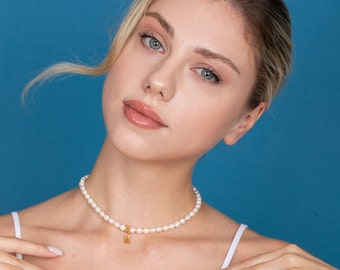 Freshwater Pearl Initial Necklace Pearl Custom Letter Choker Real Pearl Custom Name Necklace Men Women Pearl Initial Choker Necklace