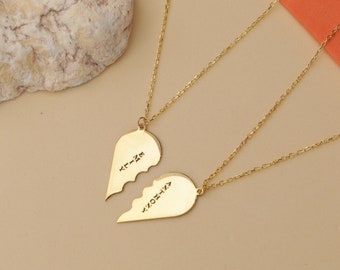 Ensemble personnalisé de 2 pièces pour couple à moitié coeur brisé, collier pour homme, pendentif d'anniversaire, cadeau de la Saint-Valentin pour elle lui, or rose, argent