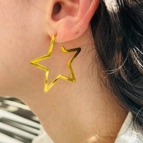Star Hoop Big Earrings Personalized 40mm Hoop Earrings Gold Large Star Earrings Cool Earrings Everyday Hoop Star Earrings Gift for Her Etsy UK