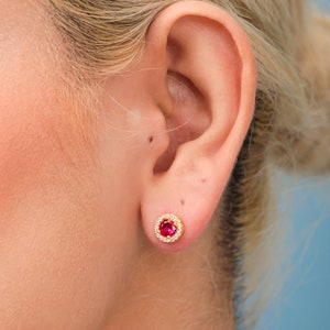 Red Ruby Halo Diamond Pave Red Ruby Stud Earrings Ruby July Birthstone Earrings Ruby Earrings Sterling Silver Gift For Her Bridesmaid Gifts