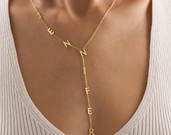 Custom Vertical Name Lariat Necklace – Gold Plated Sterling Silver Y Necklace