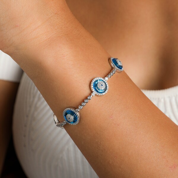 Evil Eye Circle Quality Bracalet, 5 Motif Tennis and Evil Eye Bracelet, 925 Sterling Silver Evileye Bangle, Gift For Her