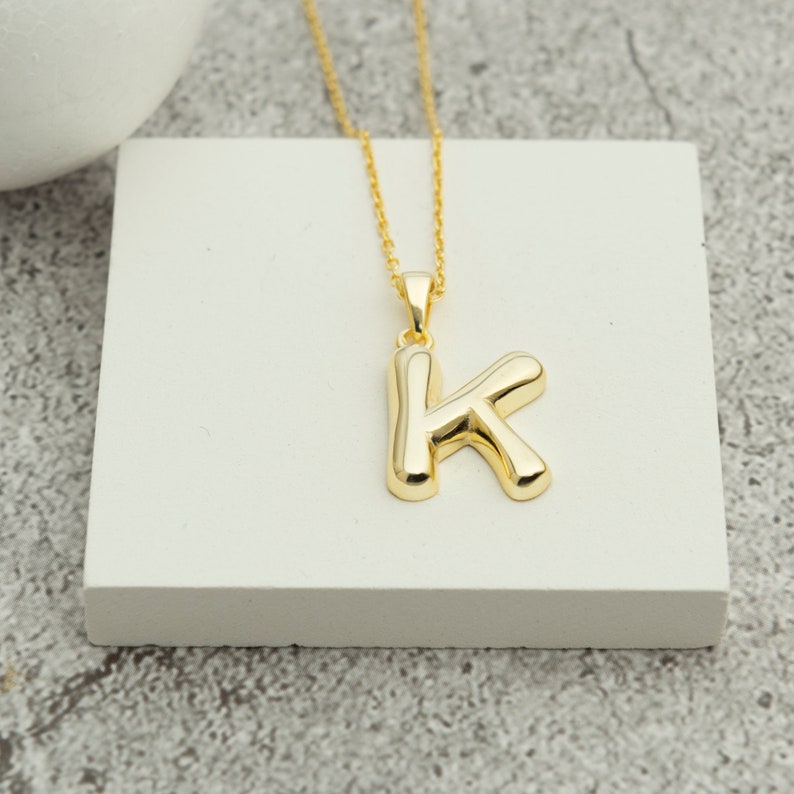 Initial Letter Necklace, Initial Gold Plated Necklace, Puff Letter Necklace, Gold and Rose Gold Sterling Silver Necklace, Mother Day Gifts image 2