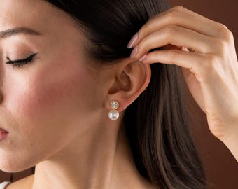 Crystal Pearl Stud Earrings, 925 Sterling Silver Halo Studs, Bridal Pearl Earring