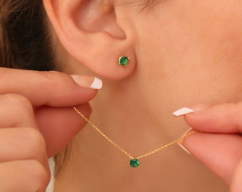 Diamond Emerald Jewelry Set Tiny Diamond Emerald Choker and Earrings Jewelry Set May Birthstone Jewelry Minimalist Emerald Set