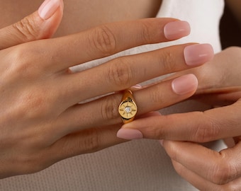 North Star Birthstone Ring, Personalized 18K Gold Filled Signet Ring