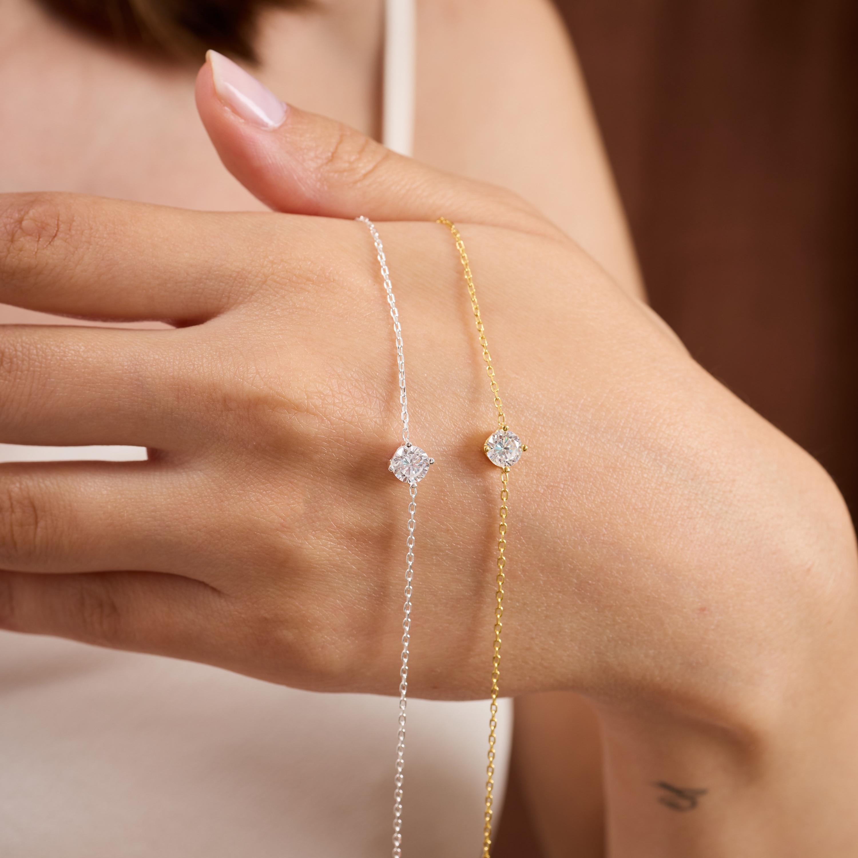 Minimalist Dainty Diamond Bracelet Solitaire 4 mm Diamond Sterling Silver Bracelet Elegant Wedding Bracelet Diamond Bracelet Gift for Her