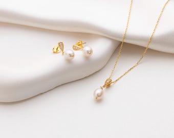 Dainty Pearl Jewelry Set 925 Sterling Silver Freshwater Pearl Drop Necklace and Earrings