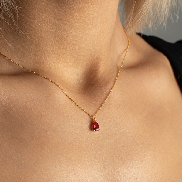 Dainty Ruby Silver Necklace, Ruby Chooker Necklace, Tiny Ruby Necklace, Ruby Beads Necklace, Red Ruby Necklace, Long Chain Ruby Necklace