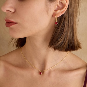 Drop Ruby Necklace & Earrings Set Elegant Pear Ruby Hoop Earrings Necklace July Birthstone Jewelry Wedding Ruby Set Gift for Her