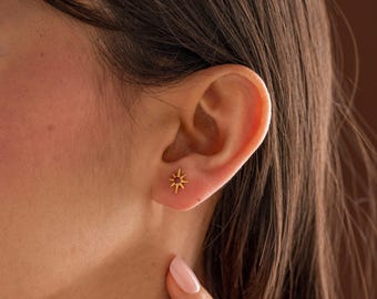 Tiny North Star Birthstone Earrings • 925 Sterling Silver Celestial Studs