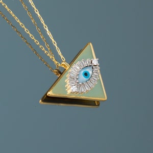Unique Triangle Evil Eye Necklace – CZ Pave Eye Necklace– Dainty Blue Nazar Amulet with Diamond Baguette CZ - Gift for Her Layering Necklace