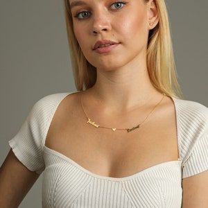 Personalized Two Name Necklace with Heart – Custom 925 Silver Nameplate – Gold, Rose Gold & Silver – Custom Font – Gift for Her