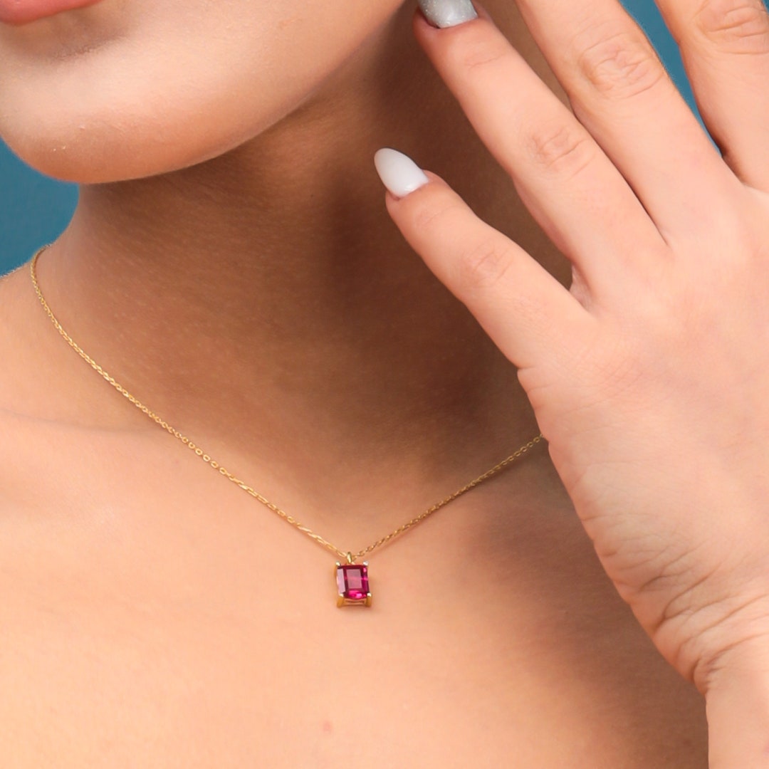 Ruby Baguette Dainty Necklace Tiny Ruby Necklace July - Etsy