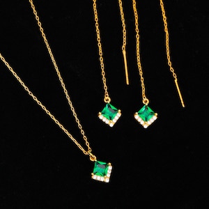 Emerald Square Princess Cut Jewelry Set Green Emerald Dainty Emerald Choker Necklace Long Earrings Set Dangle Earrings Bridesmaid Gift