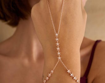 Sterling Silver Star Hand Chain Bracelet, Celestial Finger Bracelet