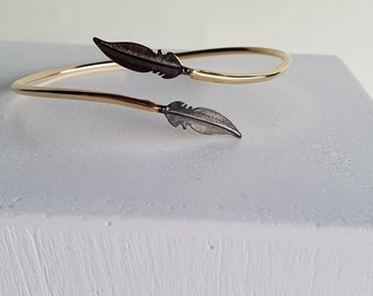 Leaf Bangle Adjustable Open Cuff valentines day couple Bracelet Gold Antic Black 2 Colour Sterling Silver Gift for Her Mothers Day Gift